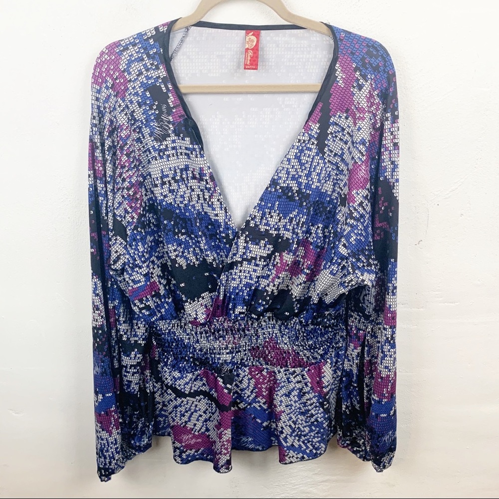 Womens Plus Size Purple Blue Printed Deep V Balloon Sleeve Top Size 2X